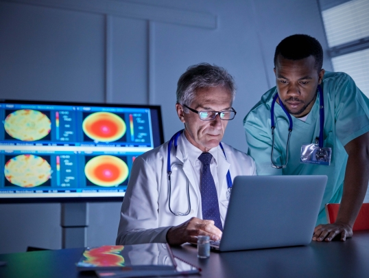 A photograph of two physicians researching