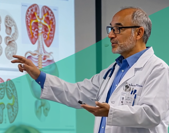 educator teaching in front of class and pointing to images of lungs